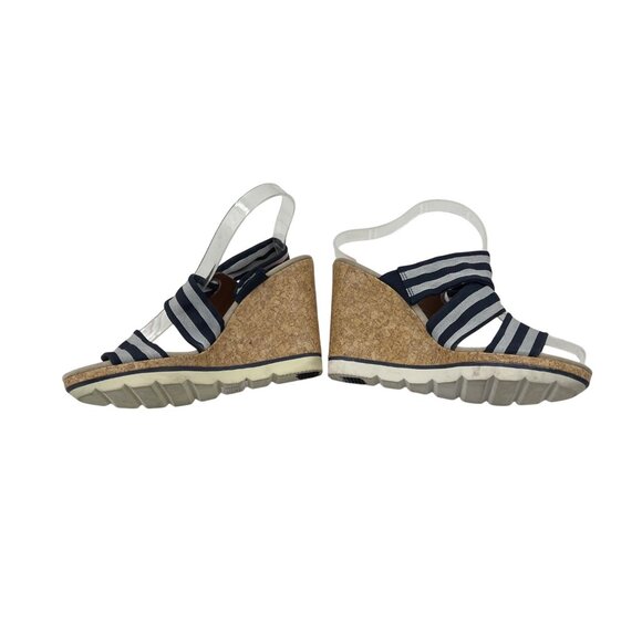 Skechers Womens Size 9 Navy Stripe Cork Platform Wedge Sandals Elastic Straps - Picture 6 of 9